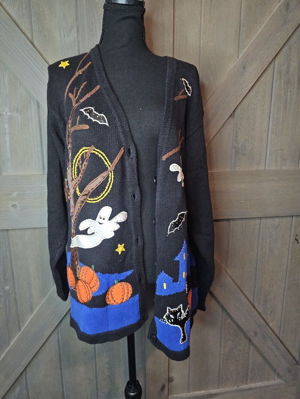 Vintage One Resource Halloween Ghost Pumpkin Black Cardigan Sweater sz XL